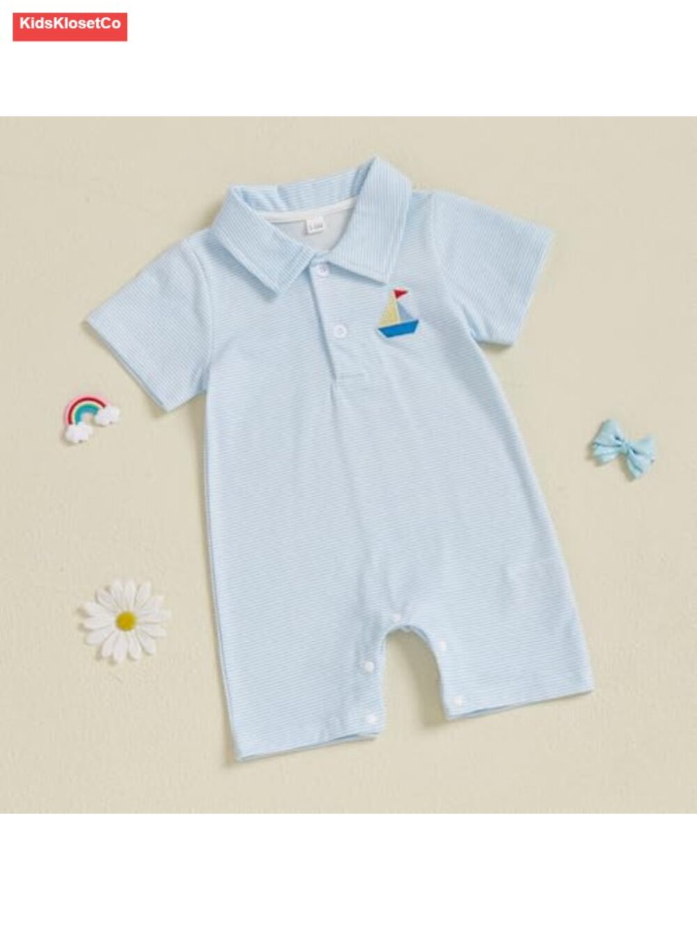 Baby Boy Short Sleeve Embroidery Collared Romper Bodysuit Jumpsuit - Picture 5 of 5